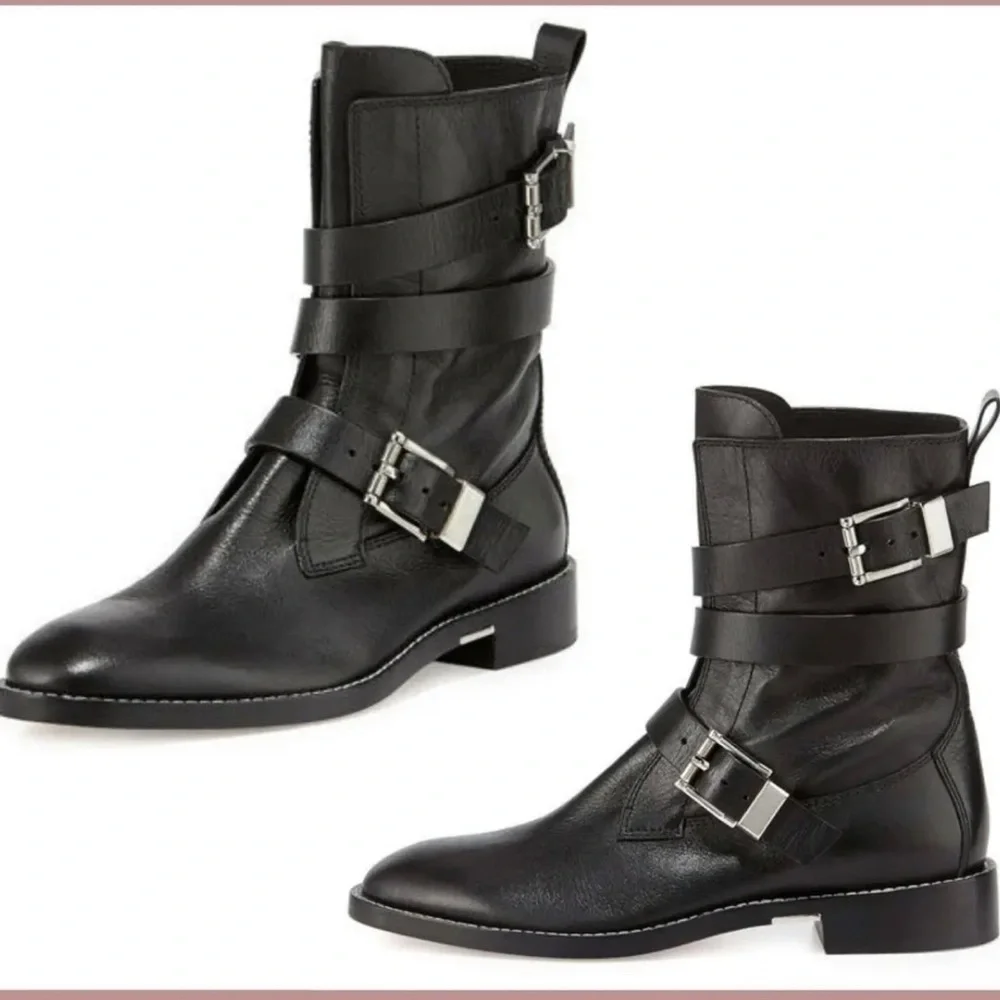 Alexander Wang Louise Smooth Calf Black Leather Straps Moto Boots Women Sz 37 - Picture 1 of 10